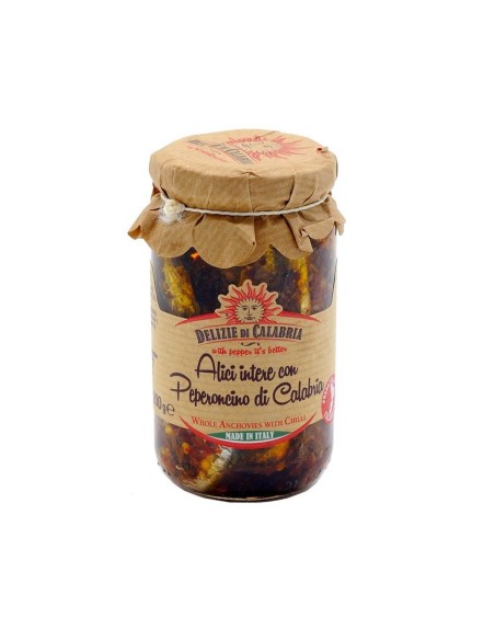 Delizie di Calabria Alici Intere con Peperoncino di Calabria - 200 gr - Spedizione gratuita consegnata in EUROPA e UK