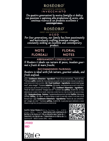 De Nigris Roséoro Invecchiato Aceto Rosa Brillante, Delicato e Versatile