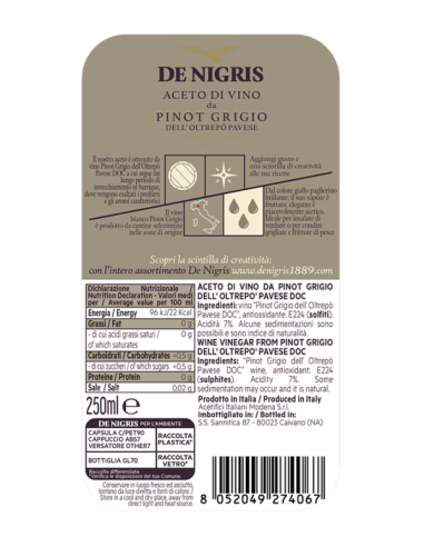 Aceto di Vino Pinot Grigio De Nigris Aroma Intenso per Ricette Raffinate
