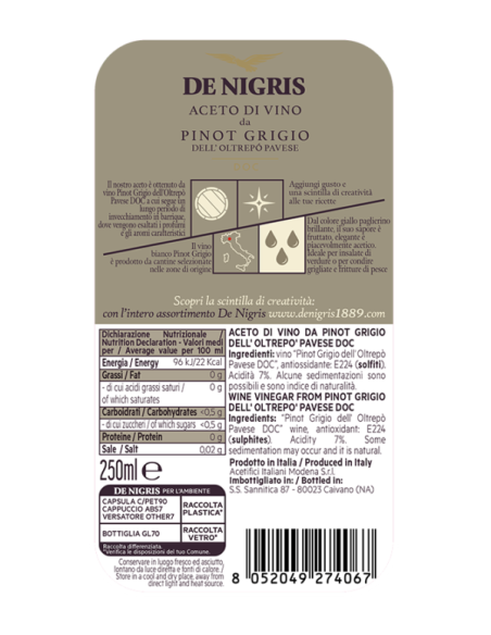 Aceto di Vino Pinot Grigio De Nigris Aroma Intenso per Ricette Raffinate