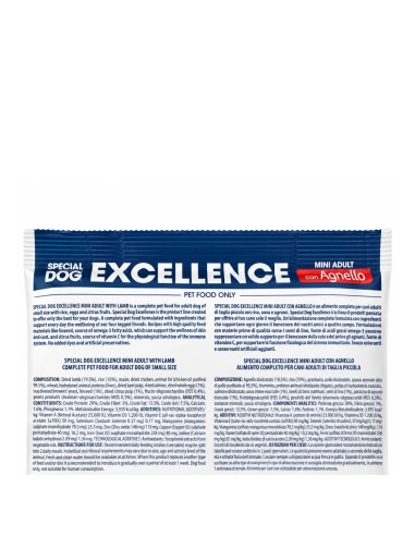Special Dog Excellence Mini Adult Agnello – retro confezione con composizione e componenti analitici