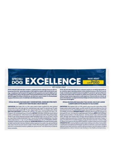 Special Dog Excellence Maxi Adult Kip – achterkant verpakking met samenstelling en analytische bestanddelen