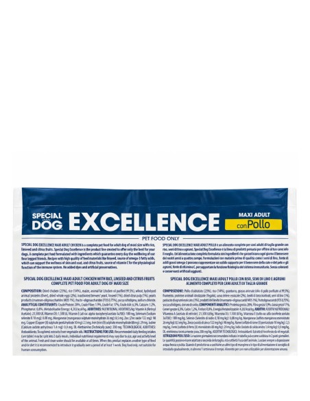 Special Dog Excellence Maxi Adult Kip – achterkant verpakking met samenstelling en analytische bestanddelen