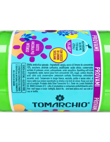 Etiket van Tomarchio La Limonata met ingrediënten, 12% citroensap en bewaarinstructies