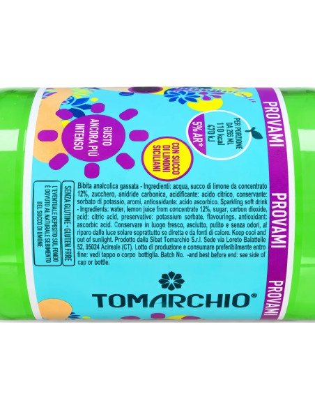 Etiket van Tomarchio La Limonata met ingrediënten, 12% citroensap en bewaarinstructies
