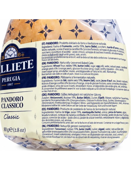 Ore Liete Pandorino Classico ingredients label with wheat flour, fresh eggs and butter