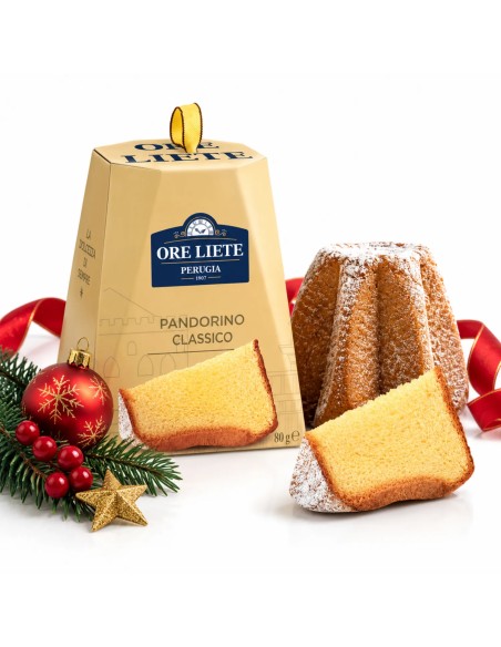 Ore Liete Pandorino Classico with pandoro and Christmas decorations
