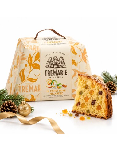 Tre Marie Il Panettone Milanese with a slice of panettone and Christmas decorations