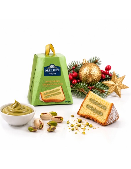 Ore Liete Mini Pandoro with pistachio cream served with pistachio cream and pistachios, Christmas decorations