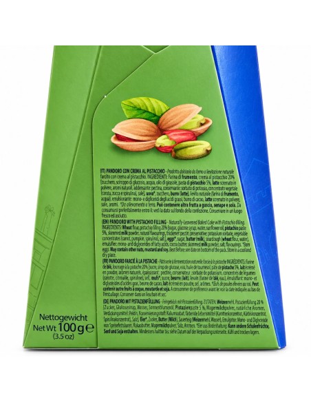 Back of Ore Liete Mini Pandoro with pistachio cream showing ingredients and product information
