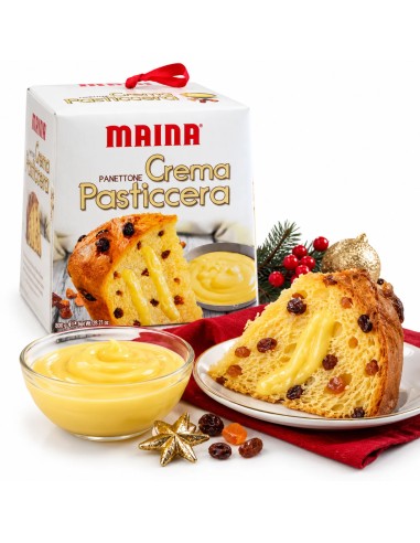 Maina Panettone Crema Pasticcera served with a slice of panettone and orange custard
