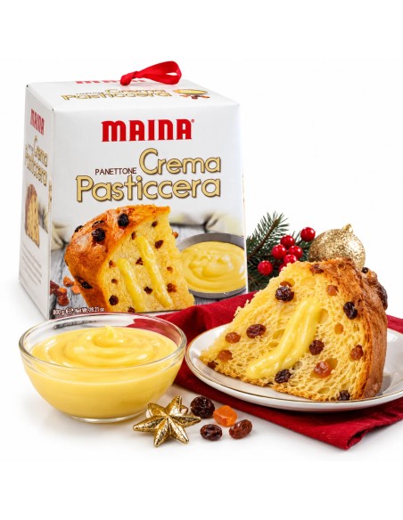 Maina Panettone Crema Pasticcera served with a slice of panettone and orange custard
