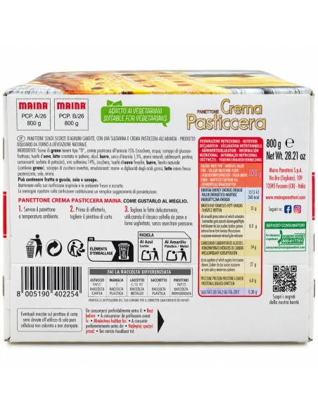 Maina Panettone Crema Pasticcera back packaging with ingredients and nutrition information