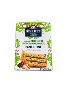 Ore Liete Mini Panettone with pistachio cream and chocolate chips, front packaging