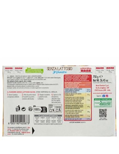 Back of Maina Lactose Free Pandoro with ingredients and nutrition information