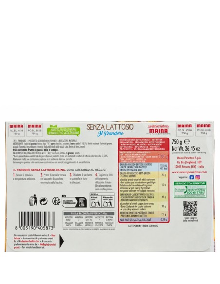 Back of Maina Lactose Free Pandoro with ingredients and nutrition information