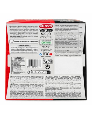 Back of Balocco AC Milan panettone with ingredients and nutrition information