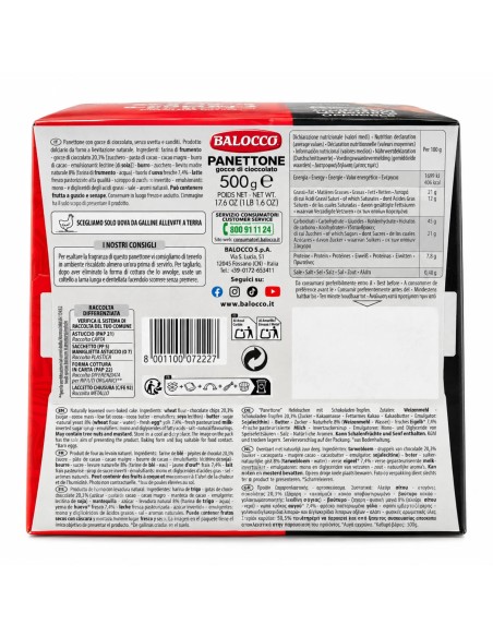 Back of Balocco AC Milan panettone with ingredients and nutrition information