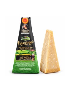 Parmareggio Parmigiano Reggiano PDO aged over 40 months, front packaging with cheese wedge