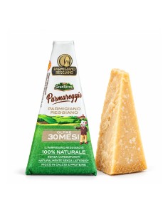Parmareggio Parmigiano Reggiano PDO aged over 30 months, front packaging with cheese wedge